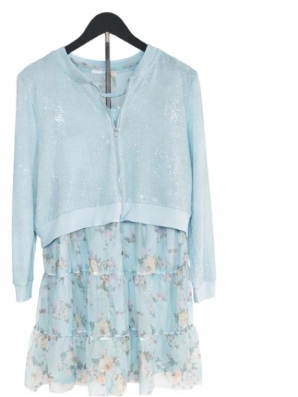Knit Works Girls 2-Piece Dress Set Blue Floral Chiffon + Cardigan Size 18 Plus